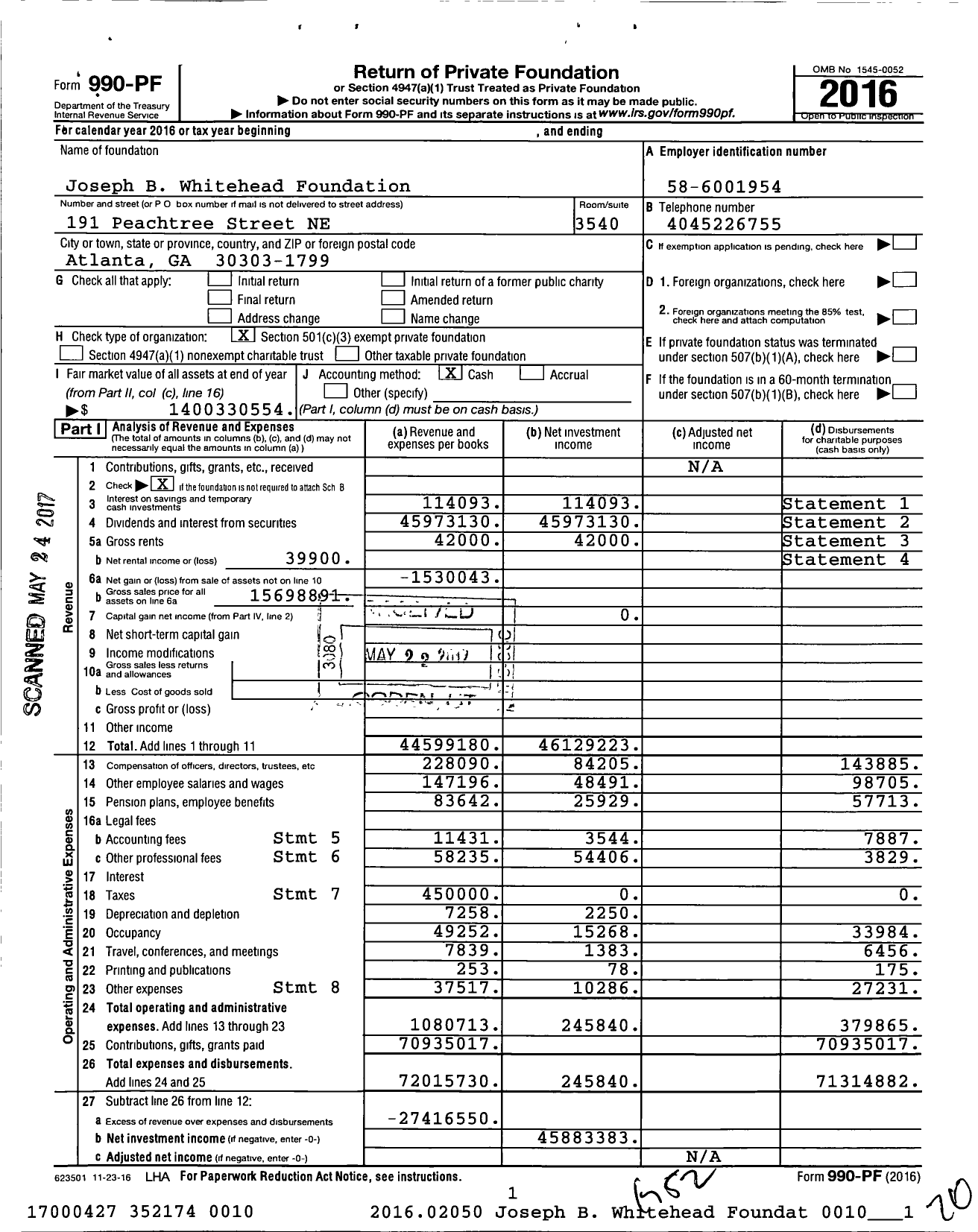 Image of first page of 2016 Form 990PF for Joseph B Whitehead Foundation