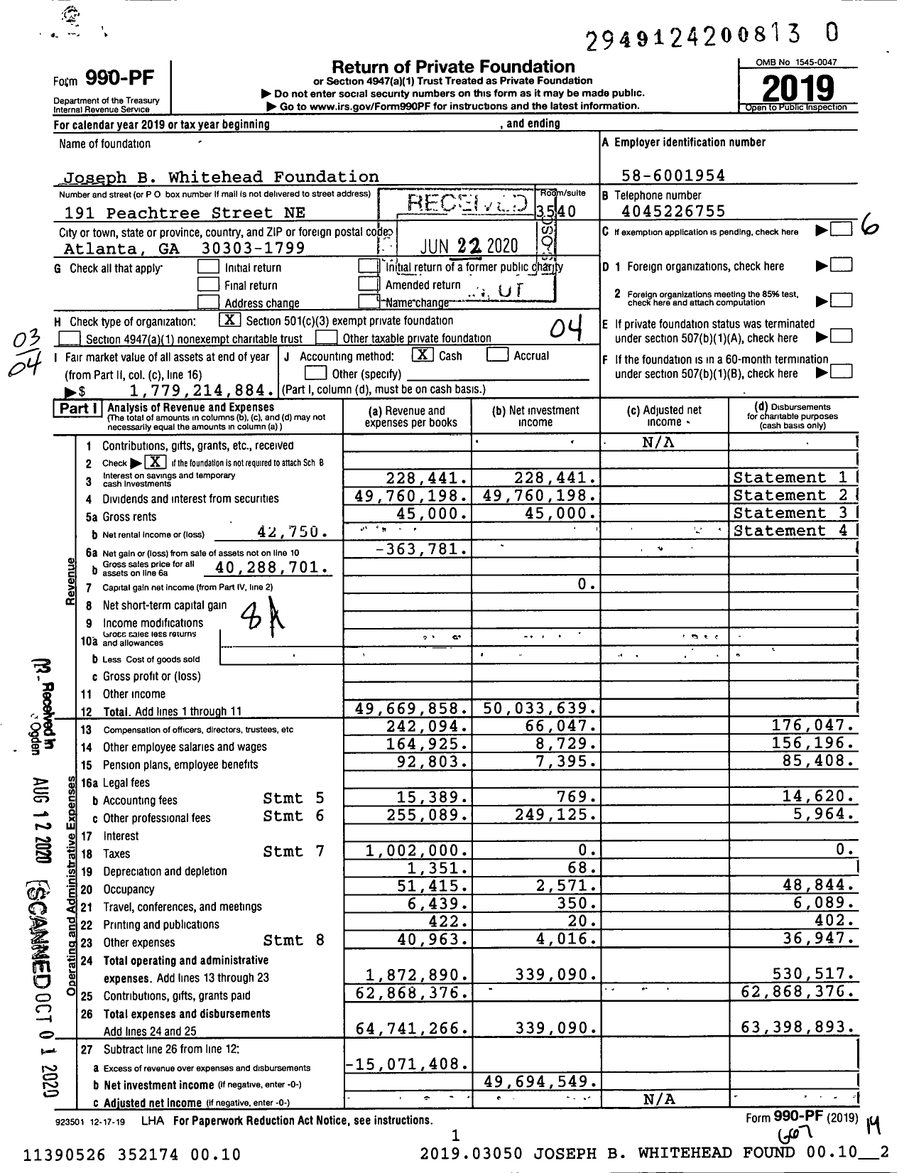 Image of first page of 2019 Form 990PR for Joseph B Whitehead Foundation