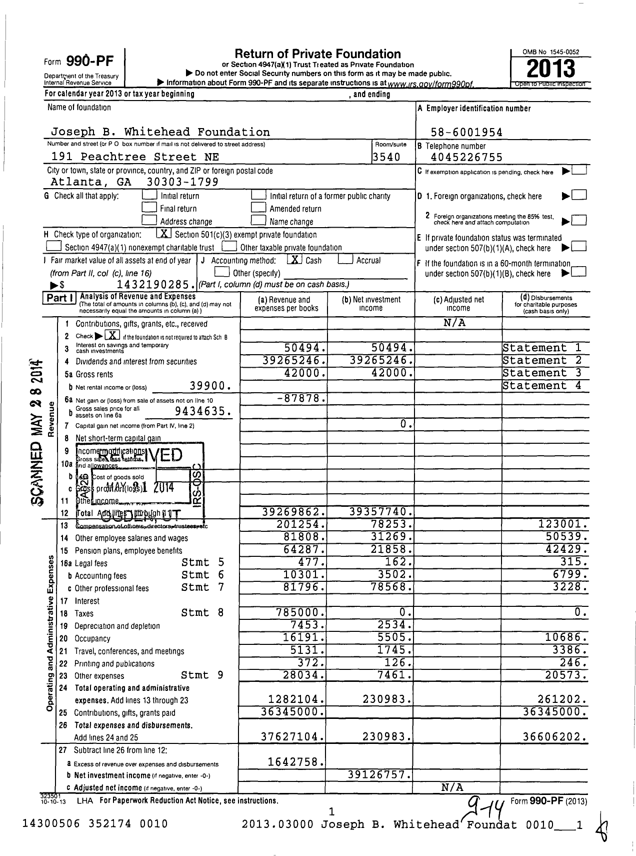 Image of first page of 2013 Form 990PF for Joseph B Whitehead Foundation
