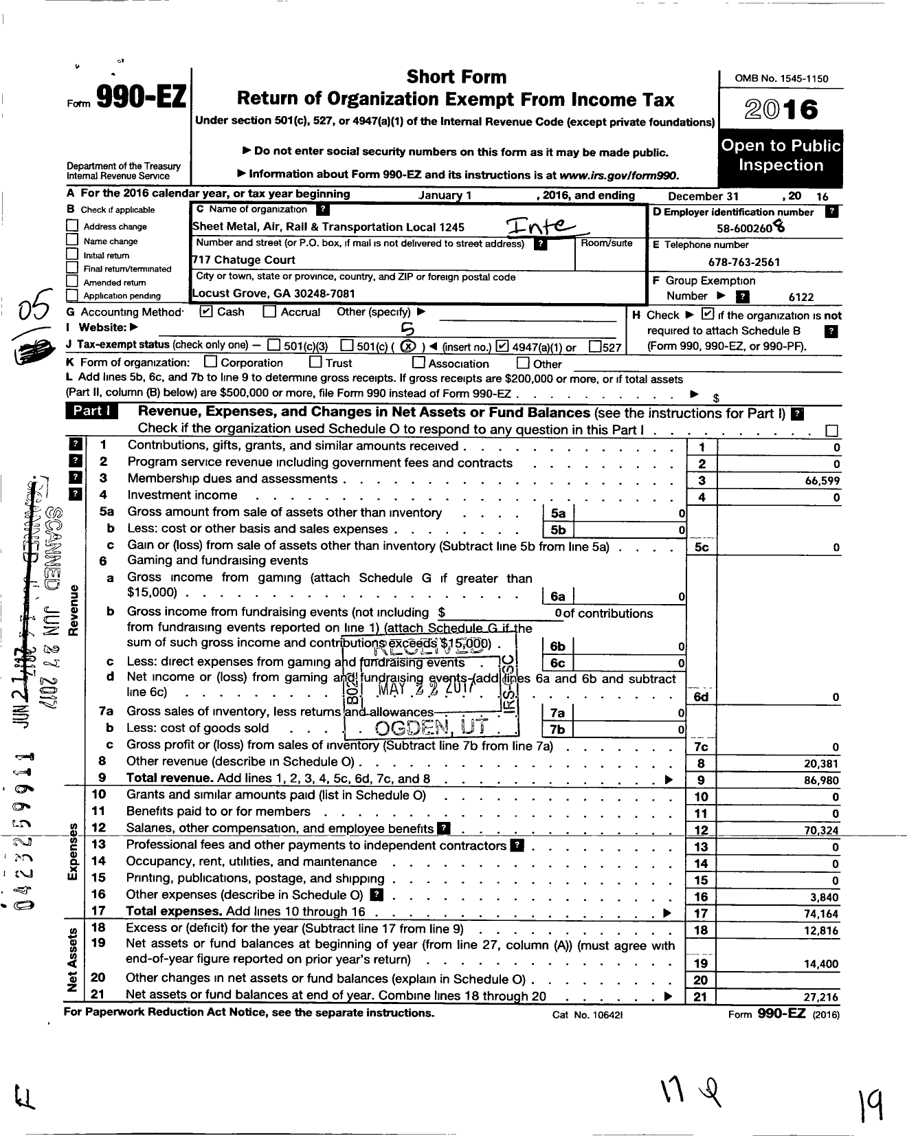 Image of first page of 2016 Form 990EO for Smart Union - 1245 TD