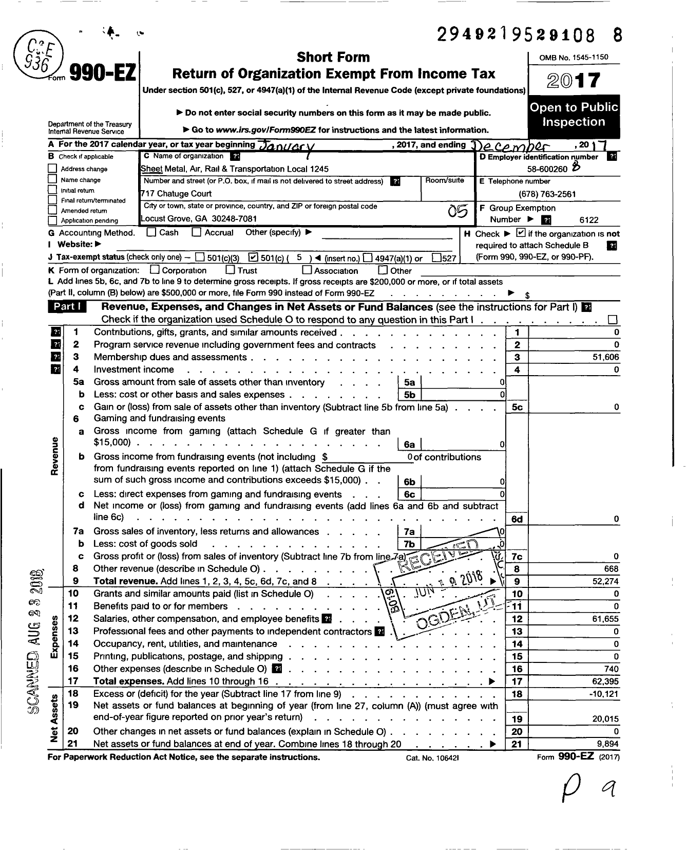 Image of first page of 2017 Form 990EO for Smart Union - 1245 TD