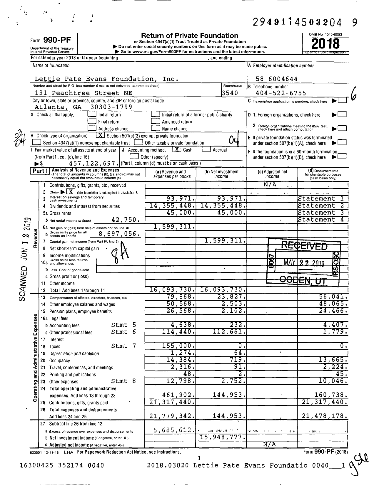 Image of first page of 2018 Form 990PF for Lettie Pate Evans Foundation