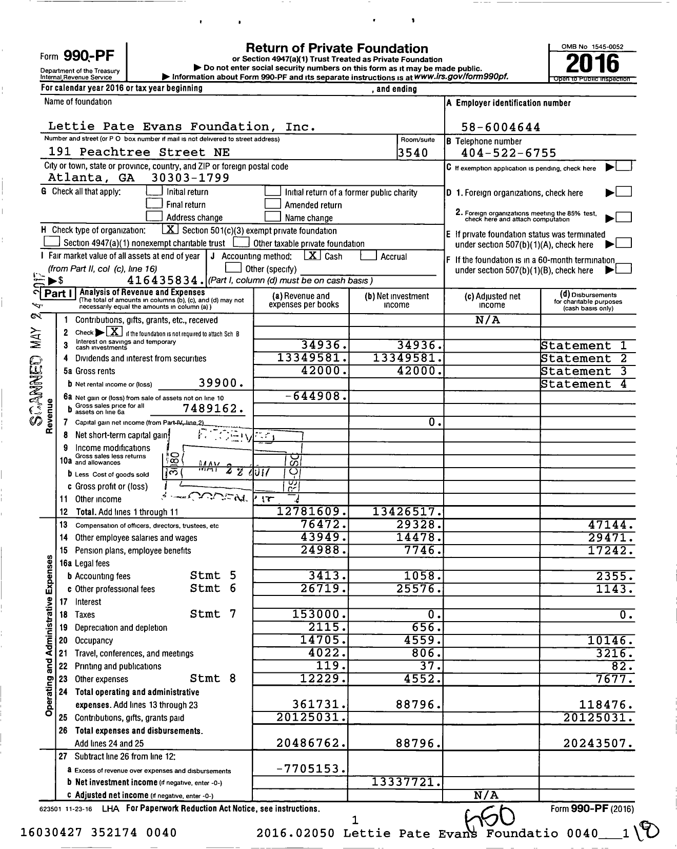 Image of first page of 2016 Form 990PF for Lettie Pate Evans Foundation