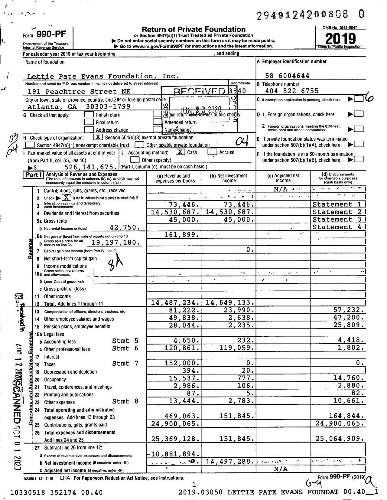 Image of first page of 2019 Form 990PR for Lettie Pate Evans Foundation