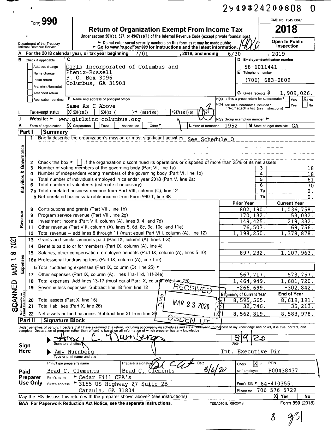 Image of first page of 2018 Form 990 for Girls Incorporated of Columbus and Phenix-Russell