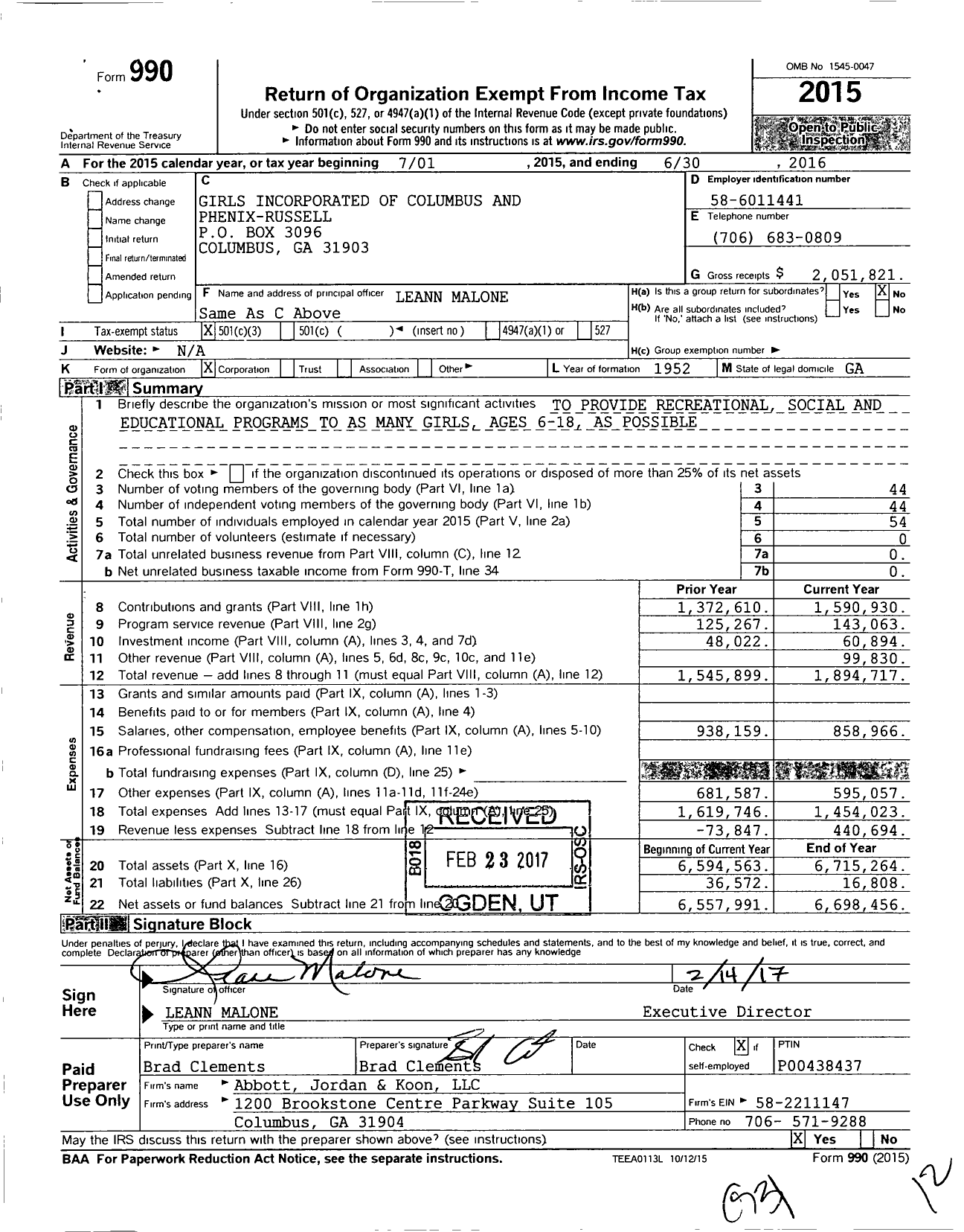 Image of first page of 2015 Form 990 for Girls Incorporated of Columbus and Phenix-Russell