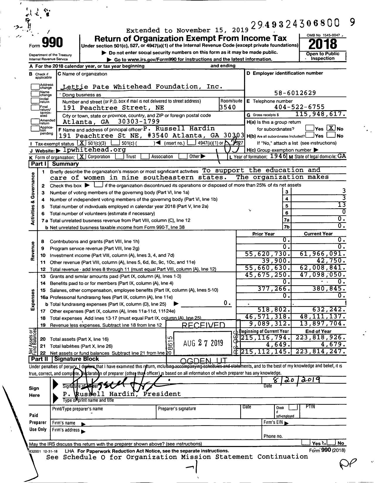 Image of first page of 2018 Form 990 for Lettie Pate Whitehead Foundation