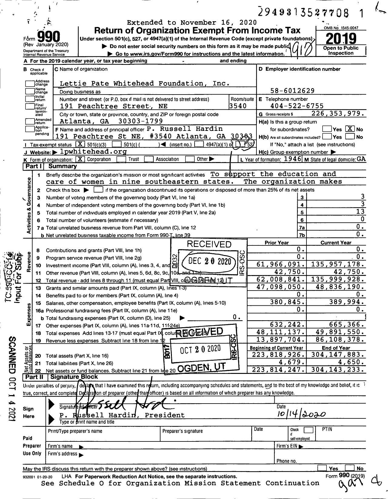 Image of first page of 2019 Form 990 for Lettie Pate Whitehead Foundation