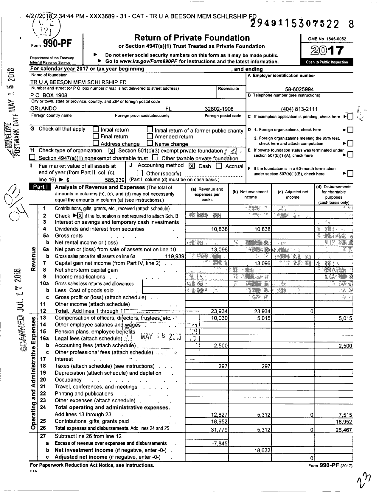 Image of first page of 2017 Form 990PF for TR Beeson Mem Schlrship Fund