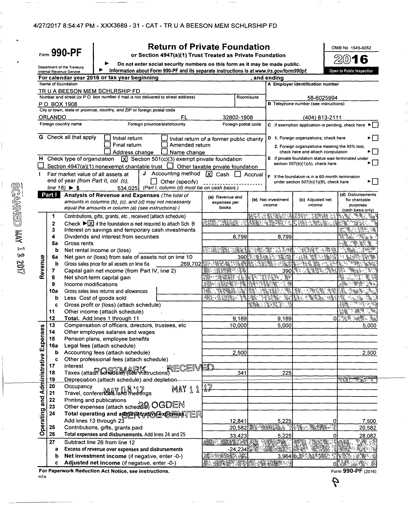 Image of first page of 2016 Form 990PF for TR Beeson Mem Schlrship Fund