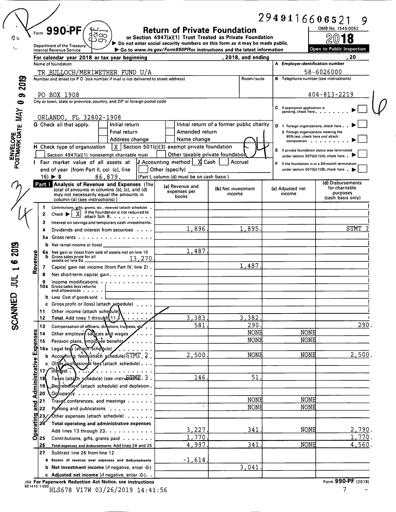 Image of first page of 2018 Form 990PF for TR Bullochmeriwether Fund
