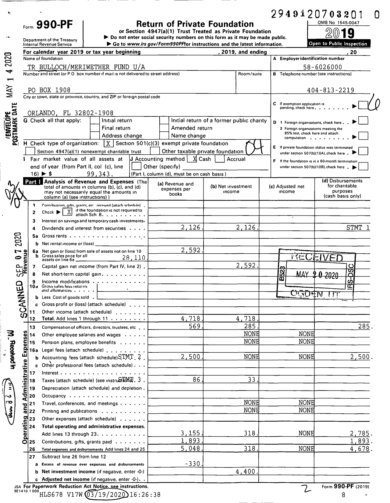 Image of first page of 2019 Form 990PR for TR Bullochmeriwether Fund
