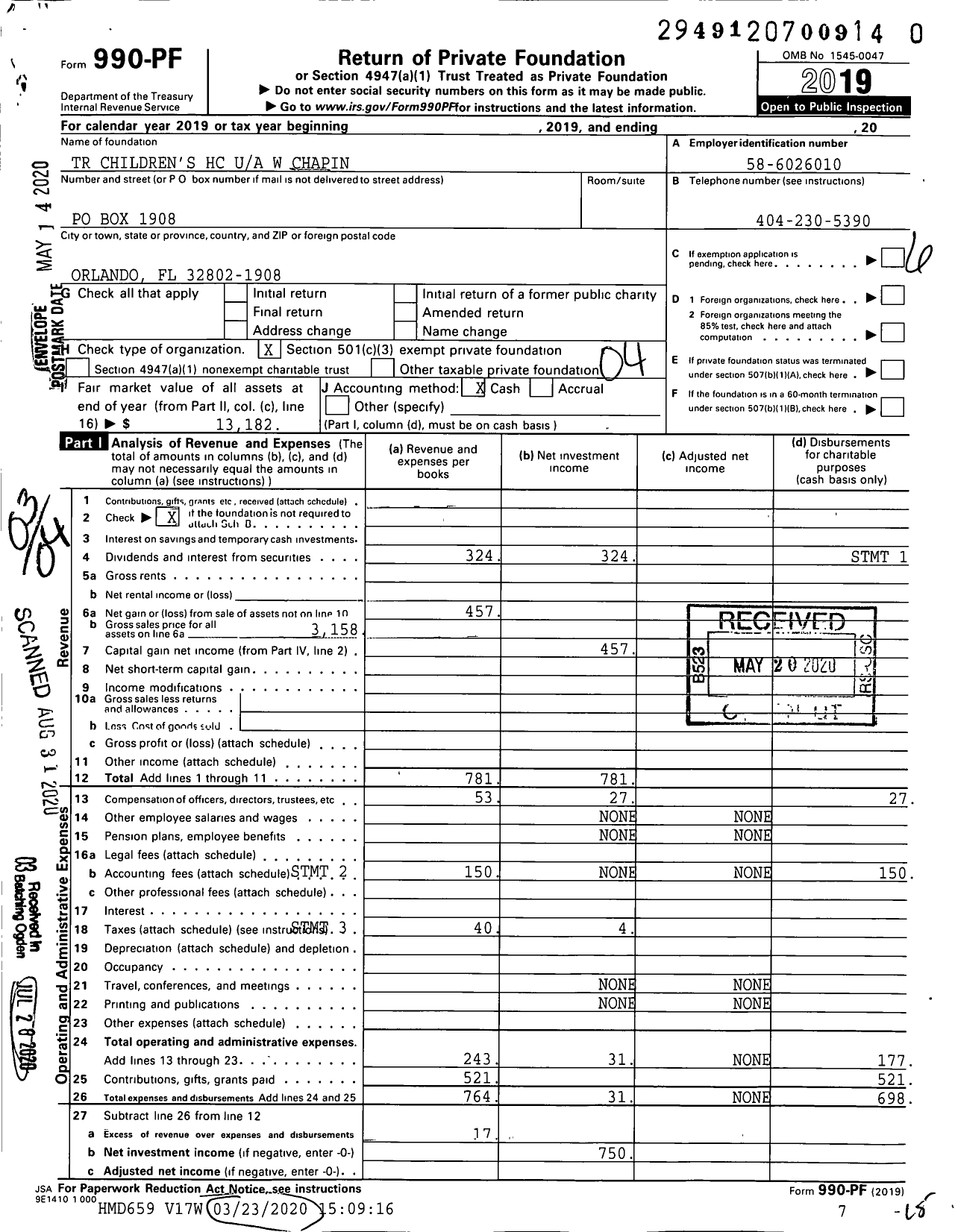 Image of first page of 2019 Form 990PR for Children''s HC Chapin Trust