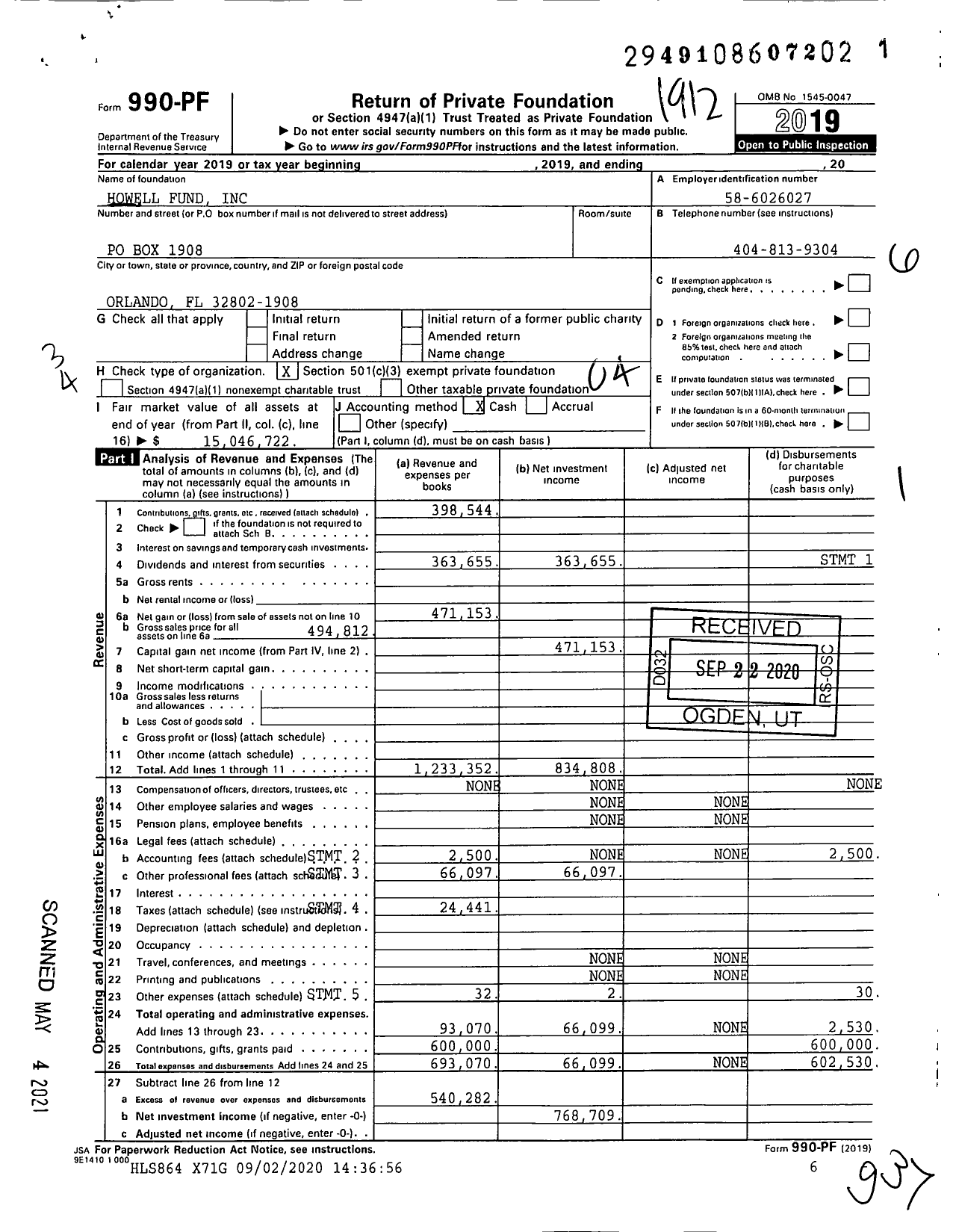 Image of first page of 2019 Form 990PF for Fay S and W Barrett Howell Family