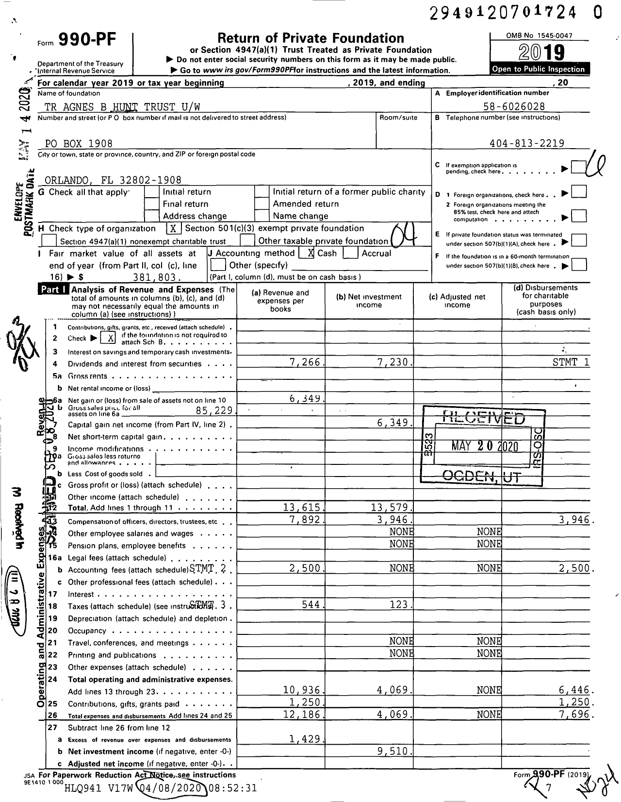 Image of first page of 2019 Form 990PR for TR Agnes B Hunt Trust Uw