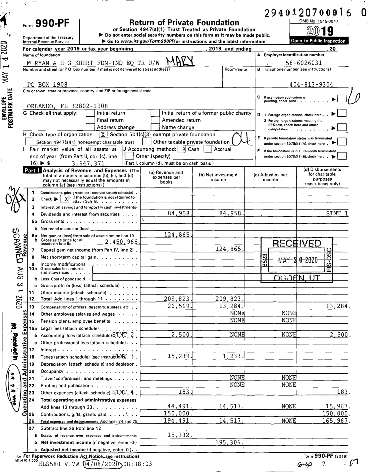 Image of first page of 2019 Form 990PR for M Ryan and H G Kuhrt Foundation TR Uw