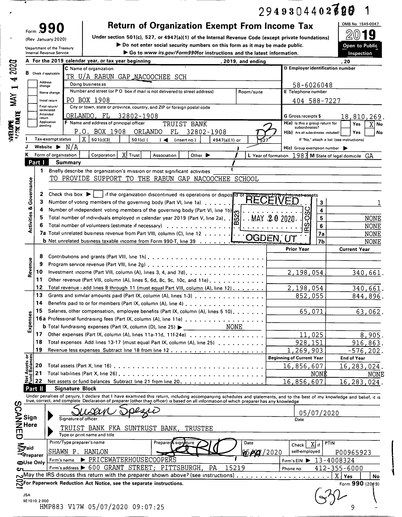 Image of first page of 2019 Form 990 for Rabun Gap NS Trust