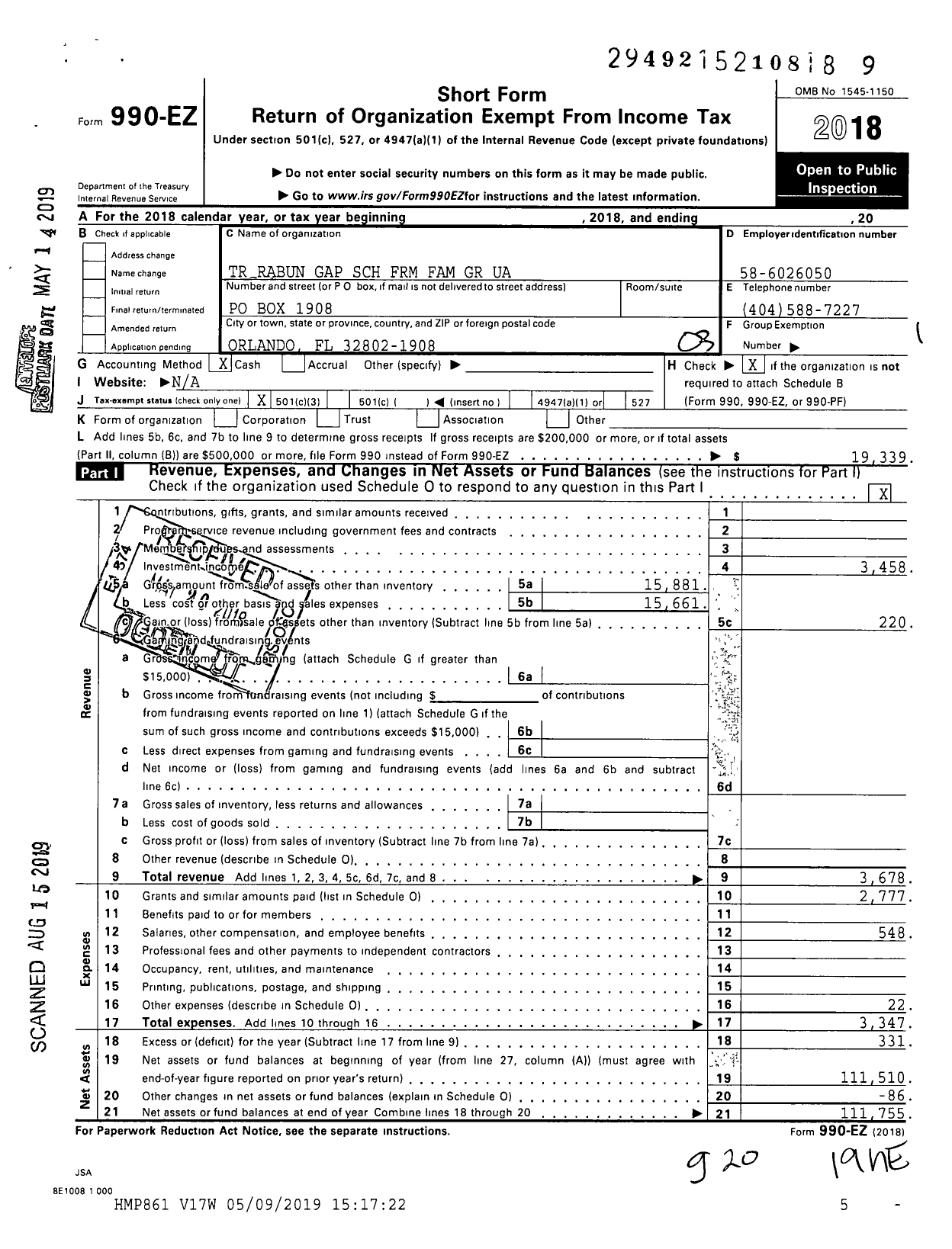 Image of first page of 2018 Form 990EZ for Rabun Gap NS FRM Family GR Trust