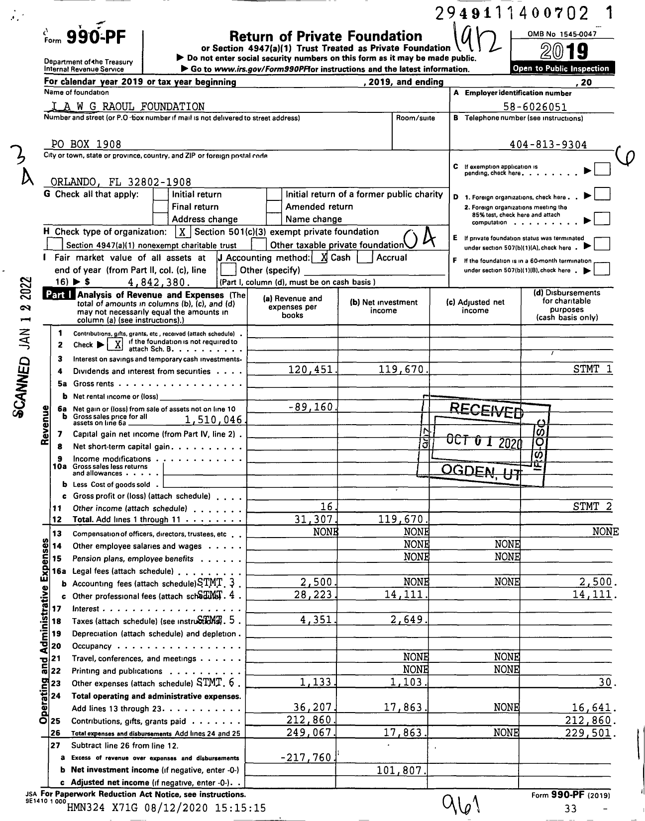 Image of first page of 2019 Form 990PF for W G Raoul Foundation Ia