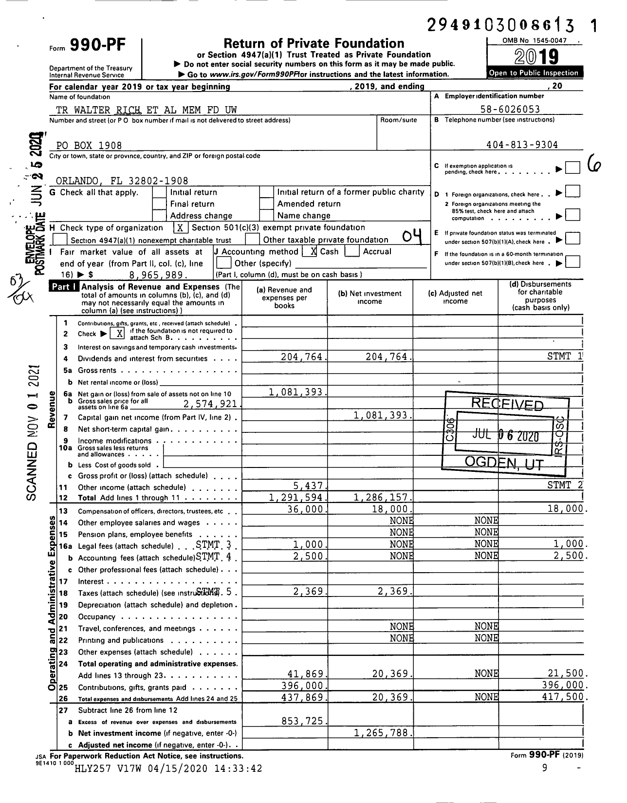 Image of first page of 2019 Form 990PF for TR Walter Rich Et Al Mem FD Uw