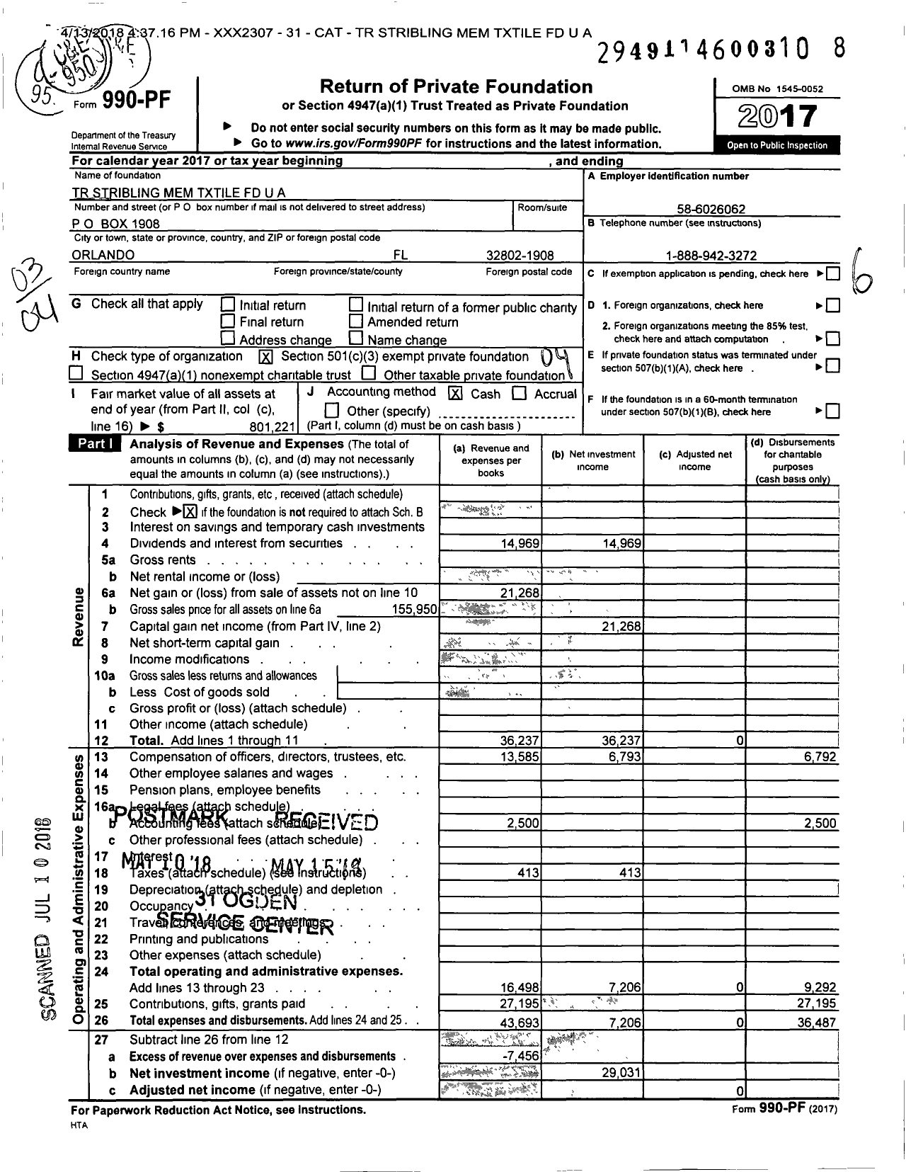 Image of first page of 2017 Form 990PF for TR Stribling Mem Txtile Fund