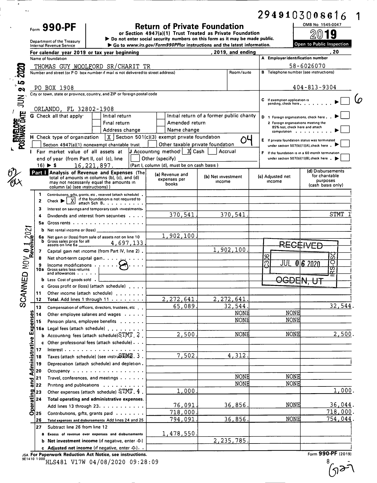 Image of first page of 2019 Form 990PF for The Thomas G Woolford Charitable Trust