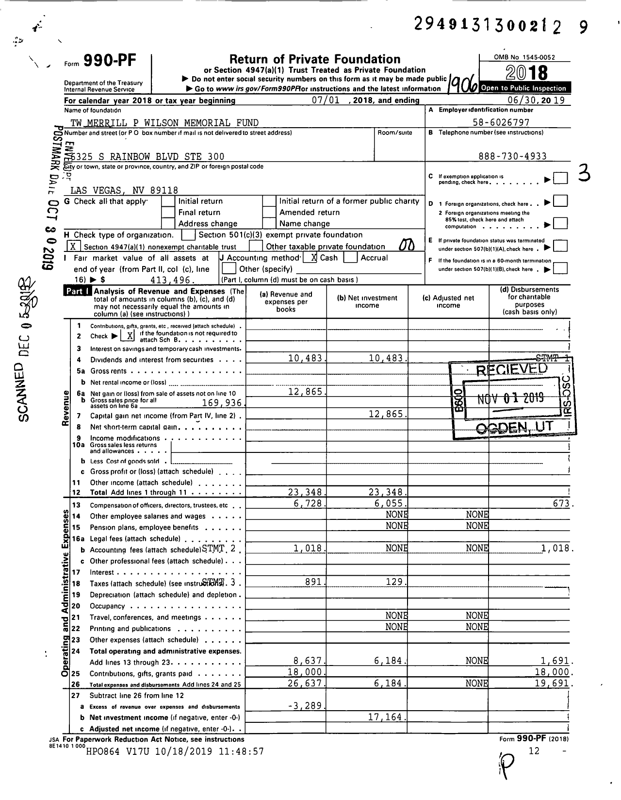 Image of first page of 2018 Form 990PF for TW Merrill P Wilson Memorial Fund