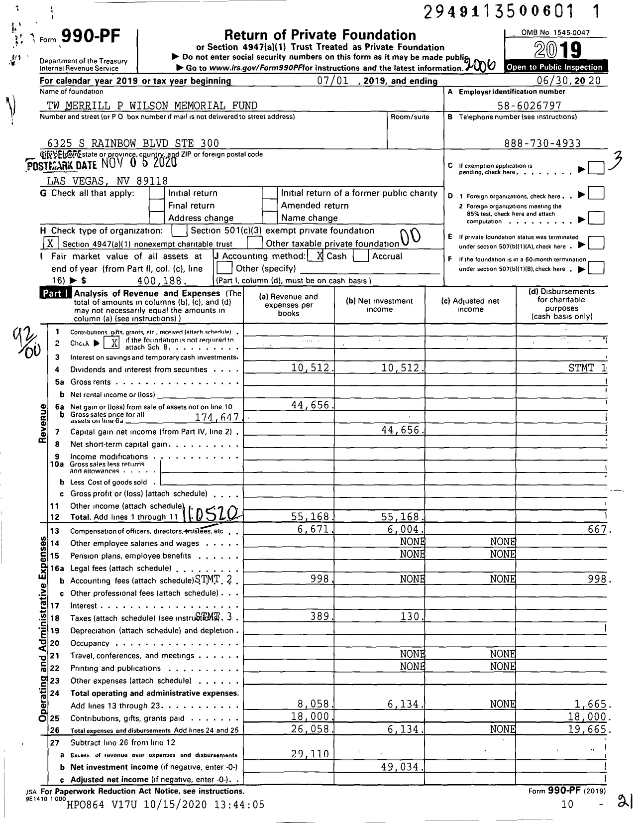 Image of first page of 2019 Form 990PF for TW Merrill P Wilson Memorial Fund