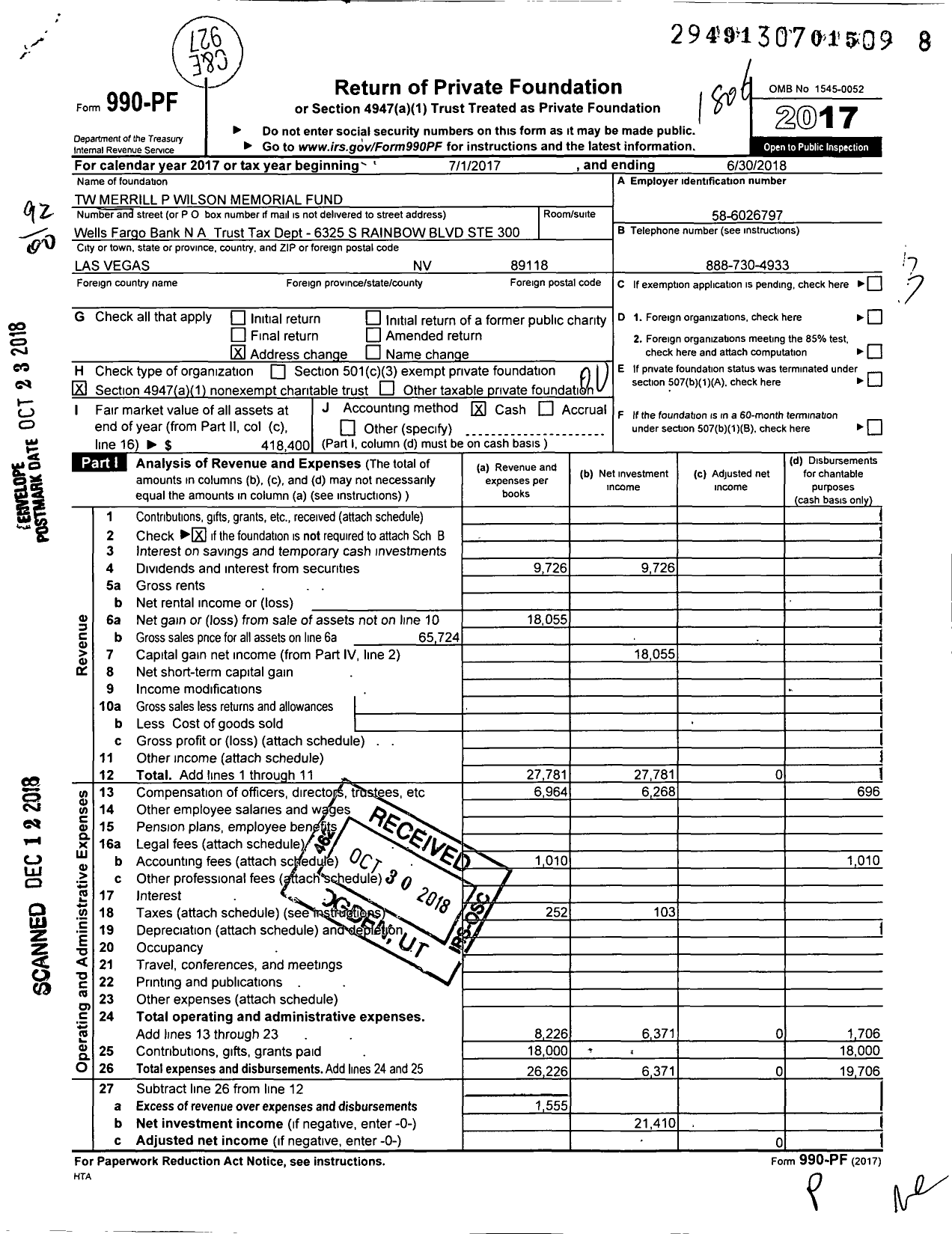 Image of first page of 2017 Form 990PF for TW Merrill P Wilson Memorial Fund