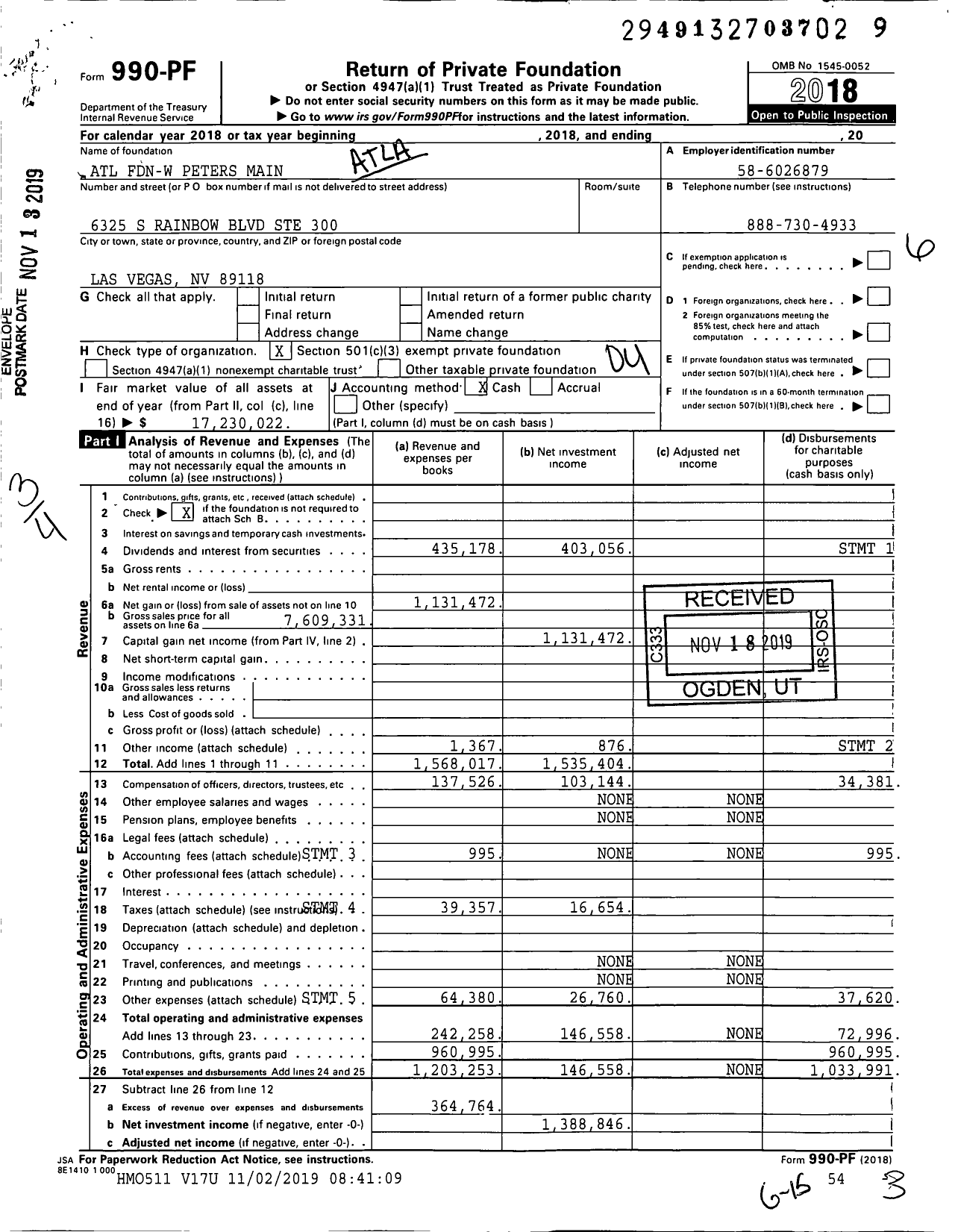 Image of first page of 2018 Form 990PF for Atl FDN-W Peters Main