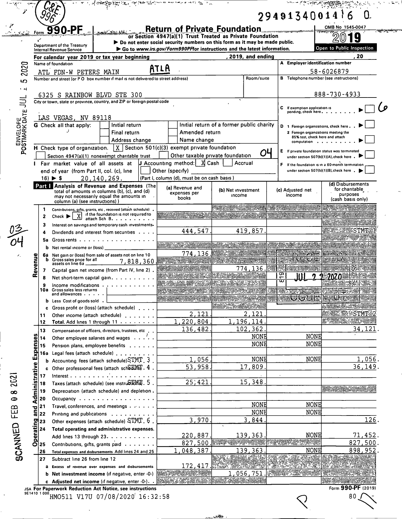 Image of first page of 2019 Form 990PF for Atl FDN-W Peters Main