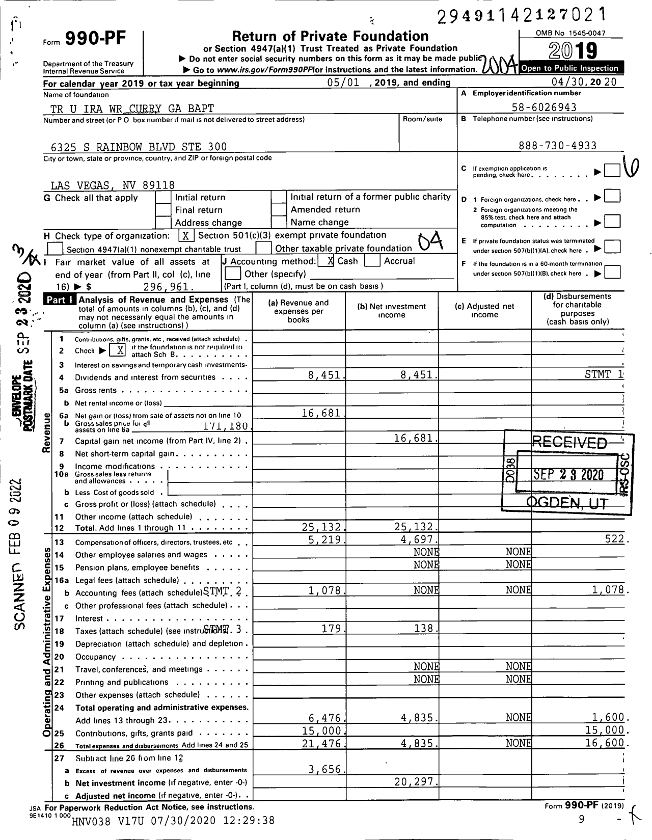 Image of first page of 2019 Form 990PF for TR U Ira WR Curry Ga Bapt