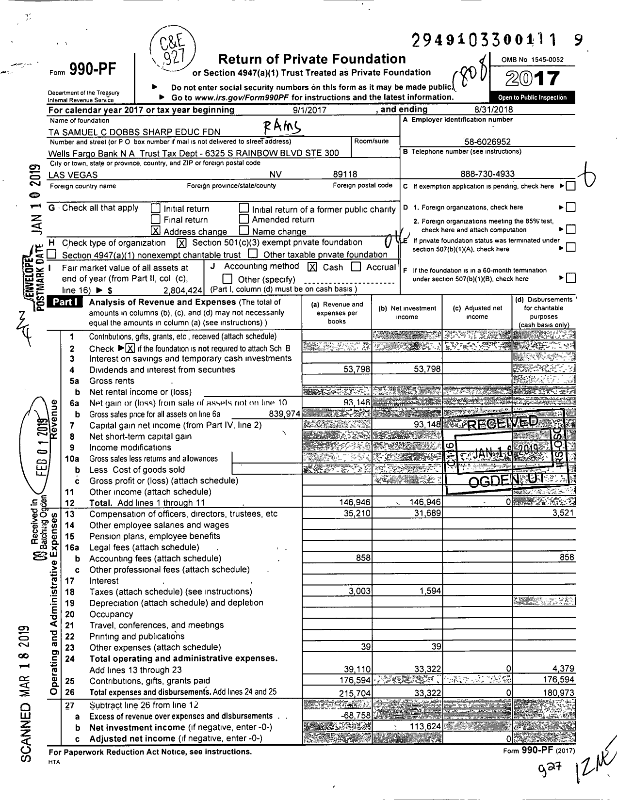 Image of first page of 2017 Form 990PF for Ta Samuel C Dobbs Sharp Educ Foundation