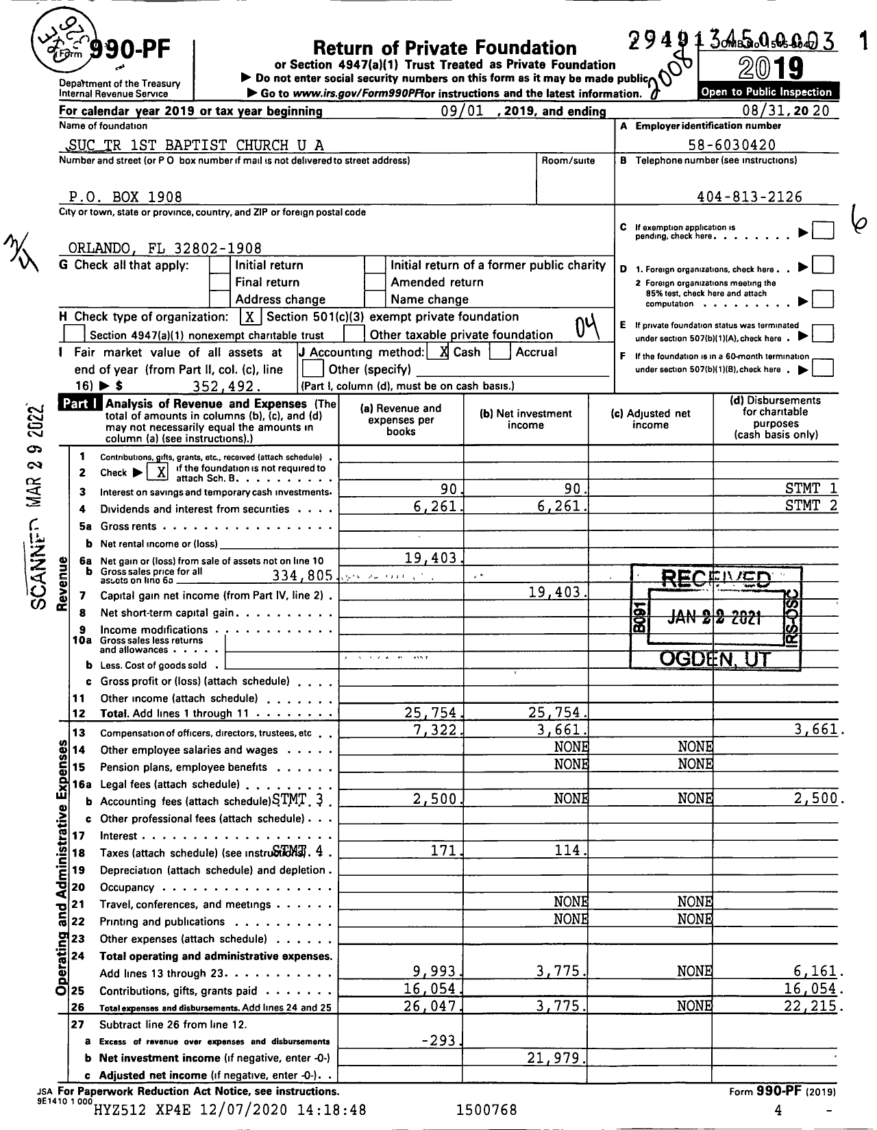 Image of first page of 2019 Form 990PF for Suc TR 1st Baptist Church U A