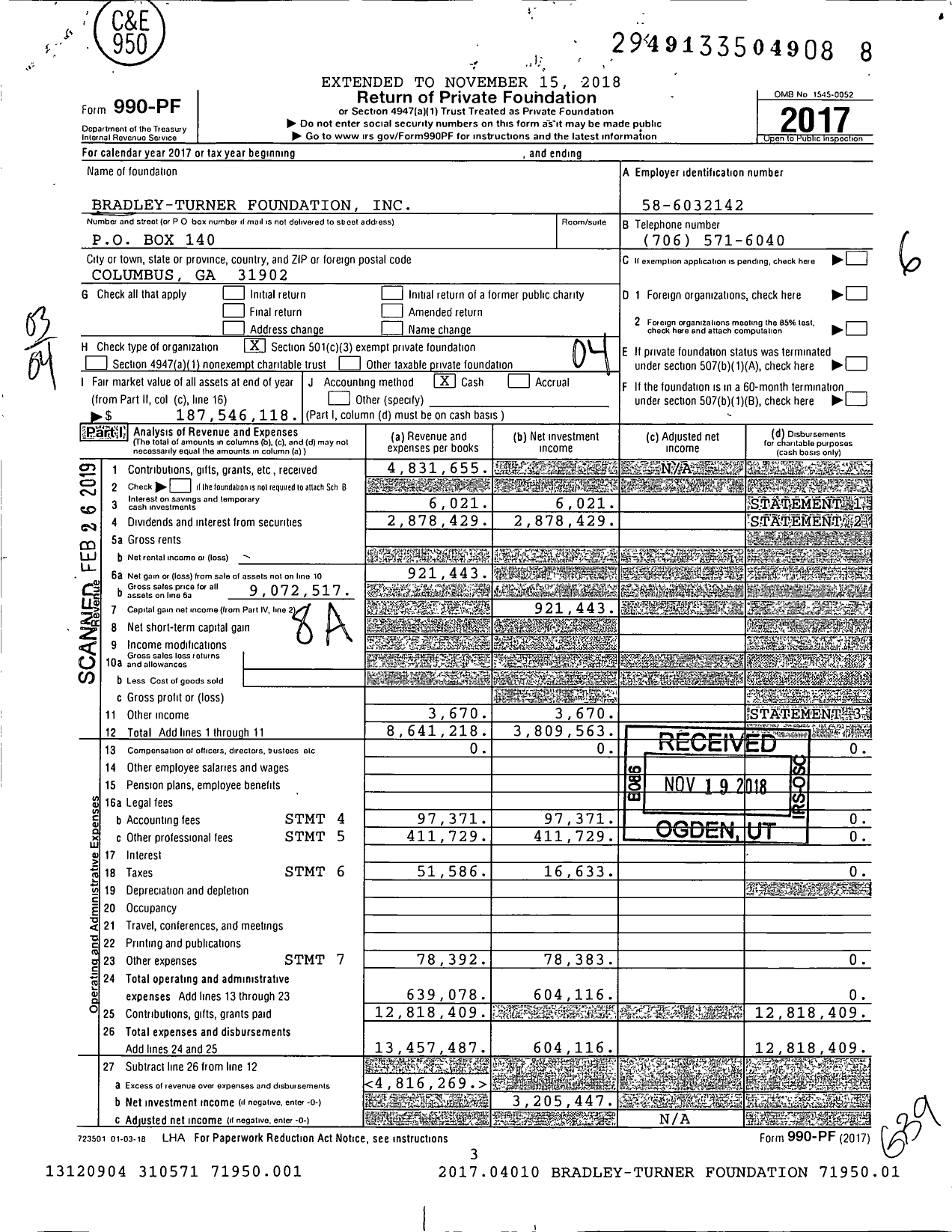 Image of first page of 2017 Form 990PF for Bradley-Turner Foundation