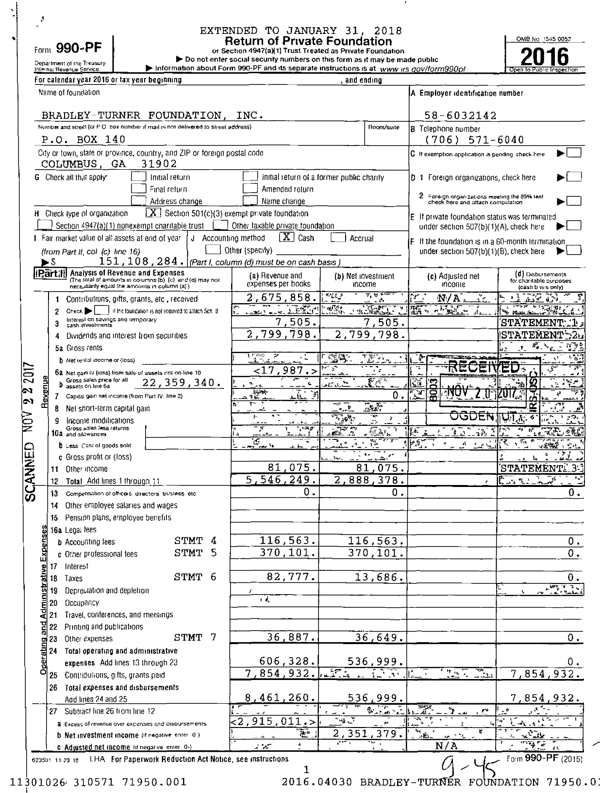 Image of first page of 2016 Form 990PF for Bradley-Turner Foundation