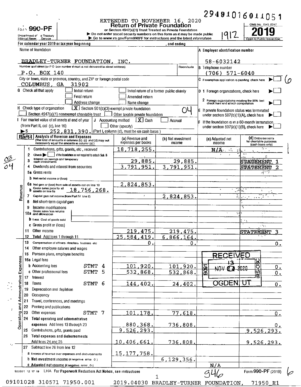 Image of first page of 2019 Form 990PF for Bradley-Turner Foundation