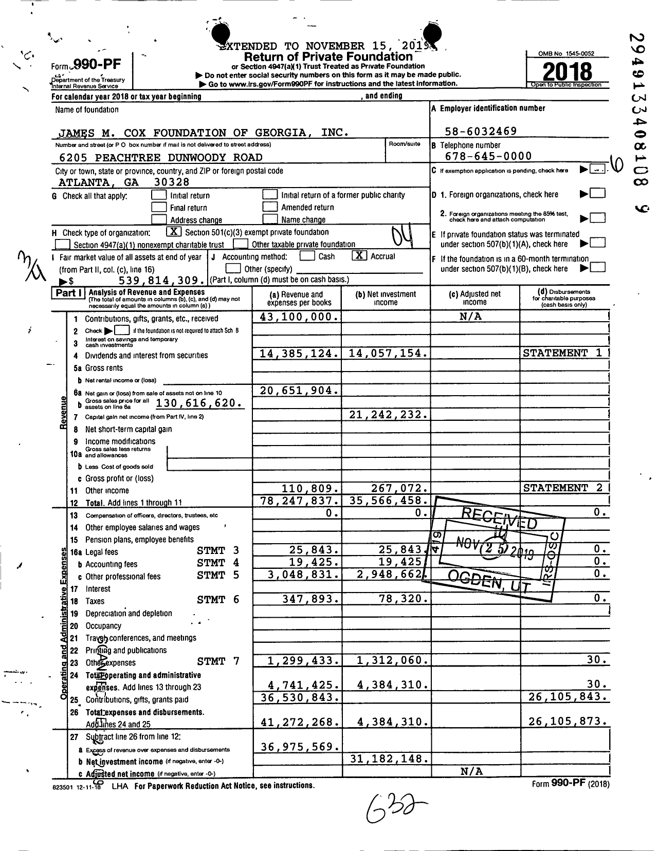 Image of first page of 2018 Form 990PF for James M Cox Foundation of Georgia