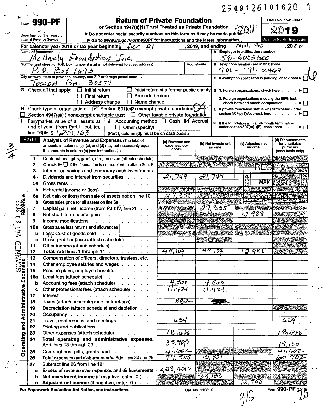 Image of first page of 2019 Form 990PF for Mcneely Foundation