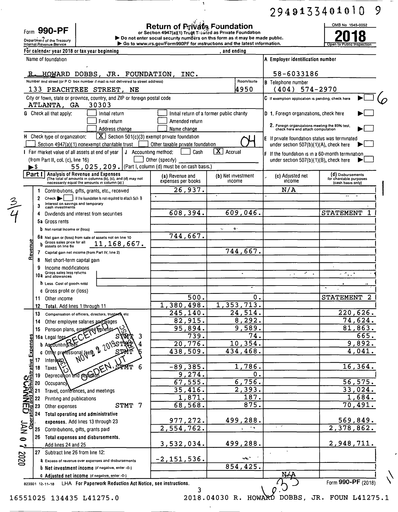 Image of first page of 2018 Form 990PF for R. Howard Dobbs Jr. Foundation