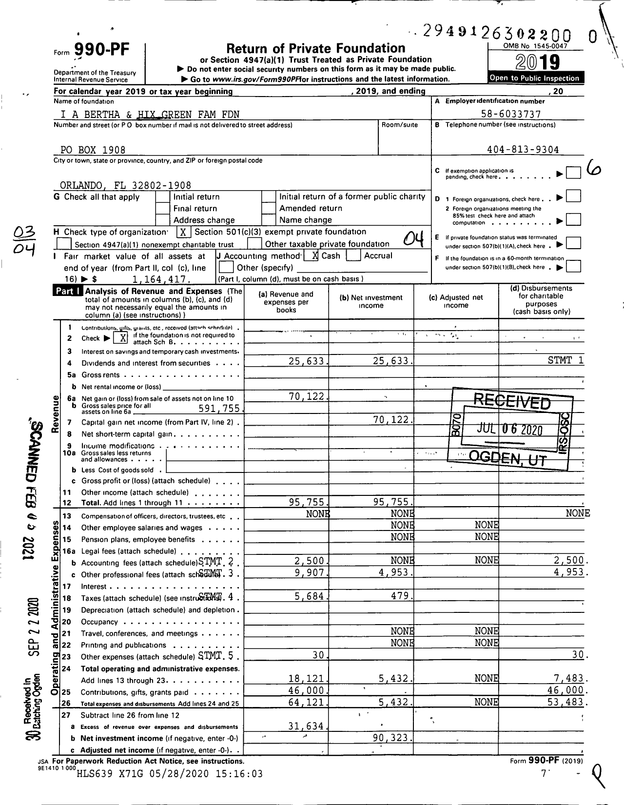 Image of first page of 2019 Form 990PF for Bertha and Hix Green Family Foundation Ia
