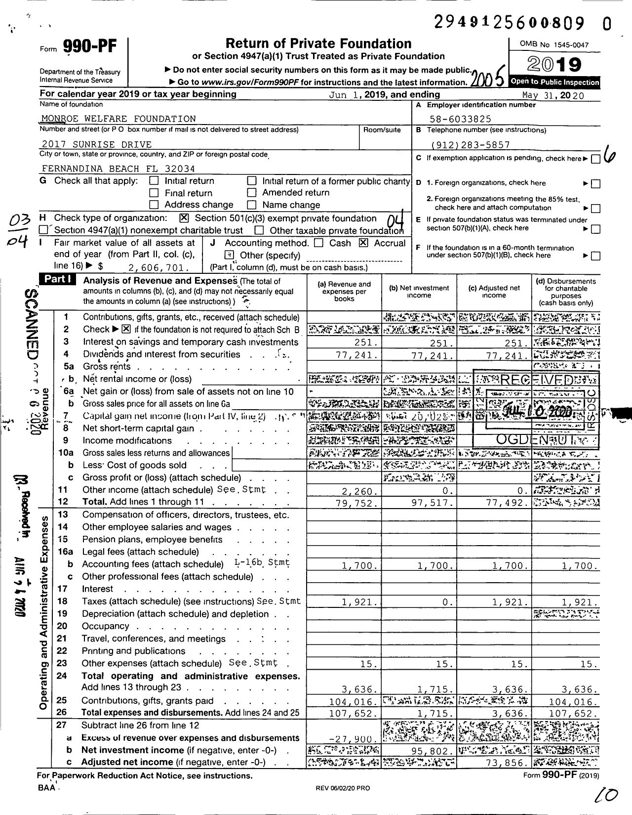 Image of first page of 2019 Form 990PR for Monroe Welfare Foundation