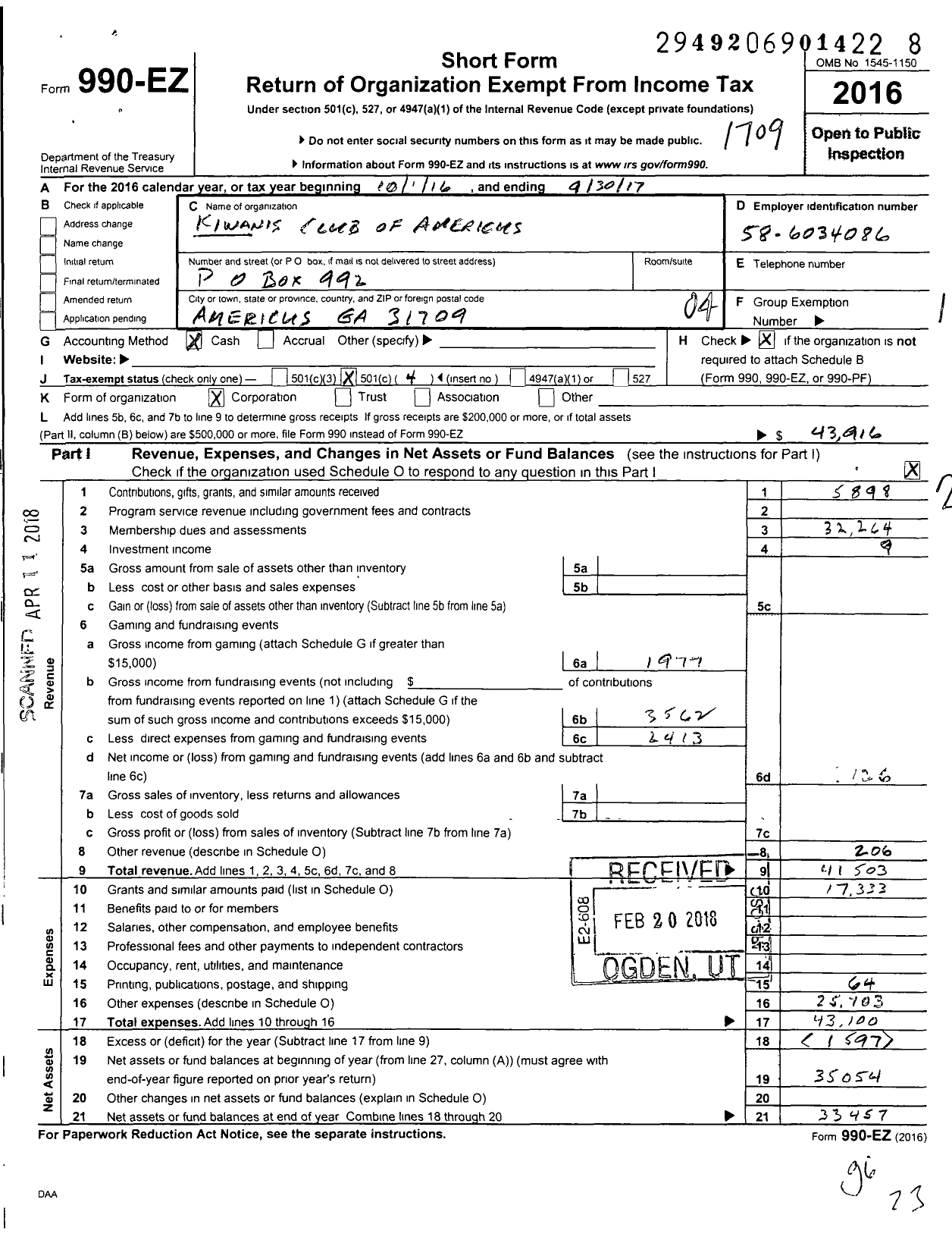 Image of first page of 2016 Form 990EO for Kiwanis Club of Americus