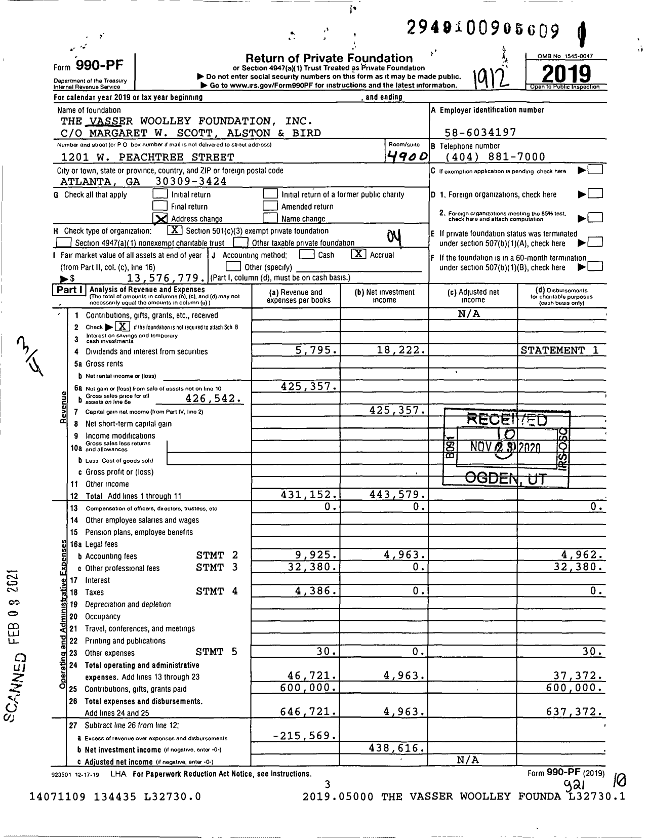 Image of first page of 2019 Form 990PF for The Vasser Woolley Foundation