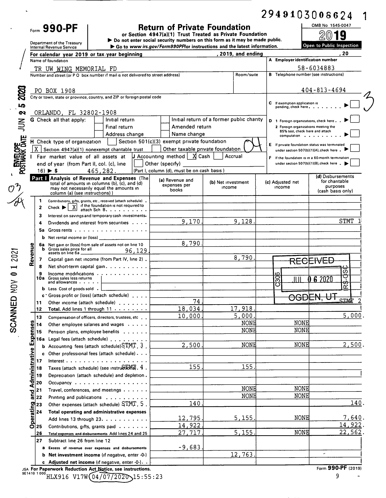 Image of first page of 2019 Form 990PF for TR Uw Wing Memorial Fund