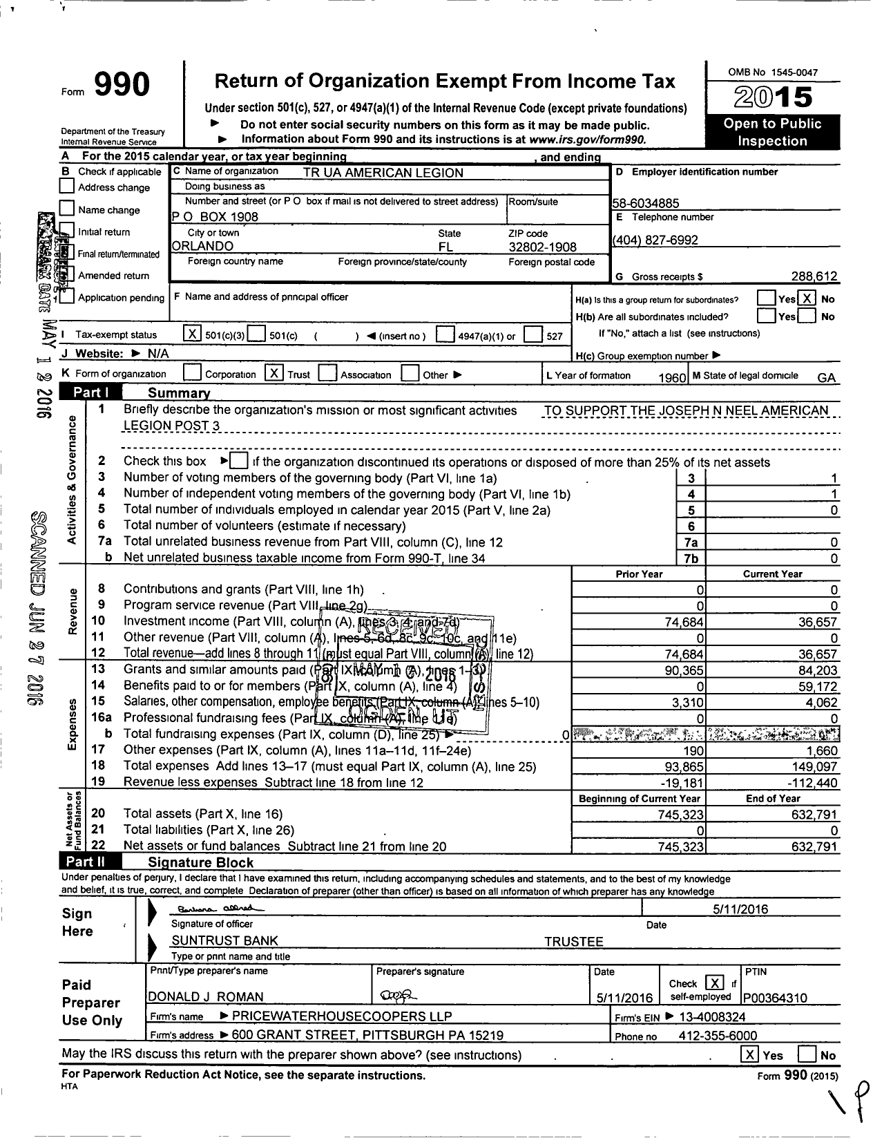 Image of first page of 2015 Form 990 for TR American Legion