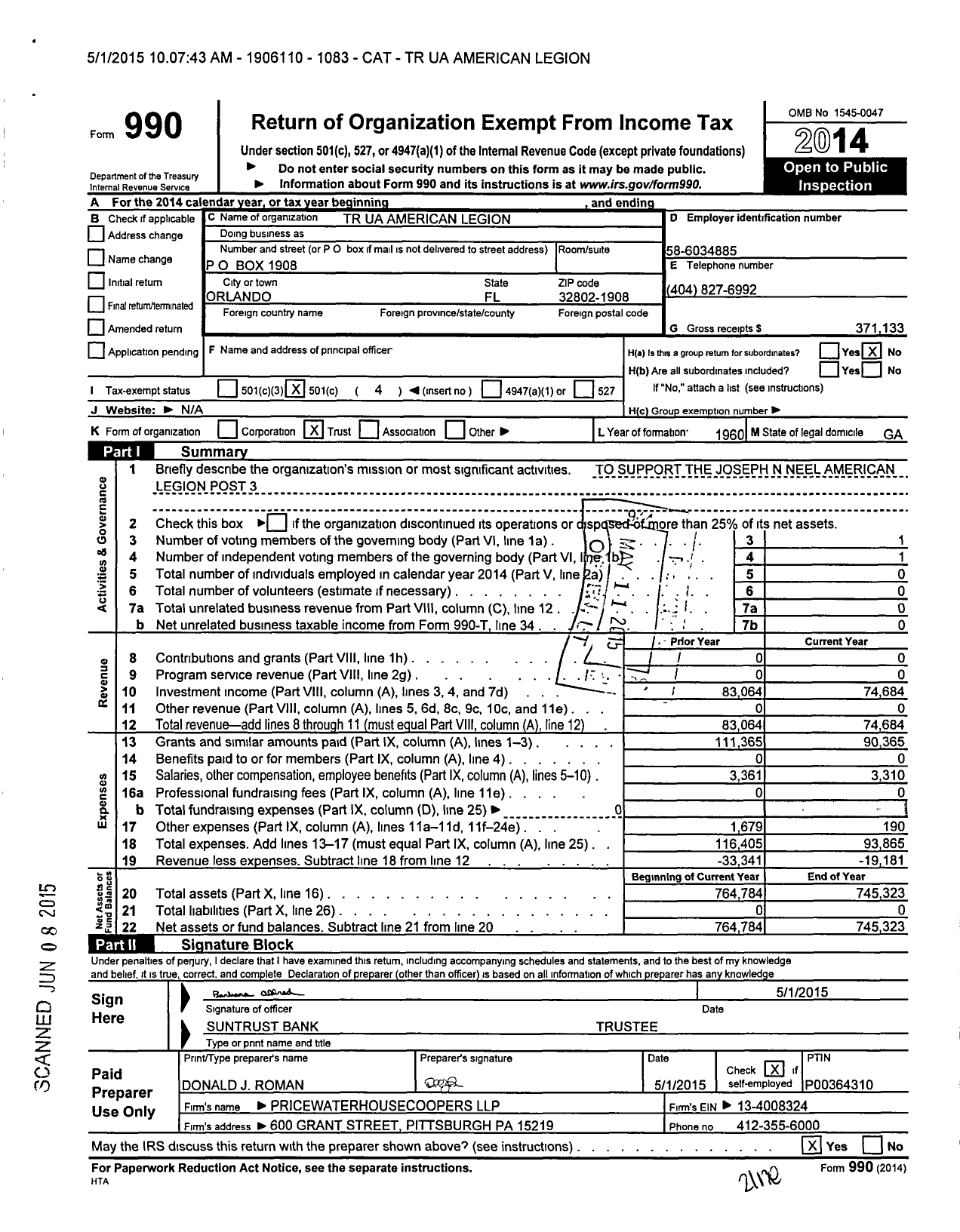 Image of first page of 2014 Form 990O for TR American Legion