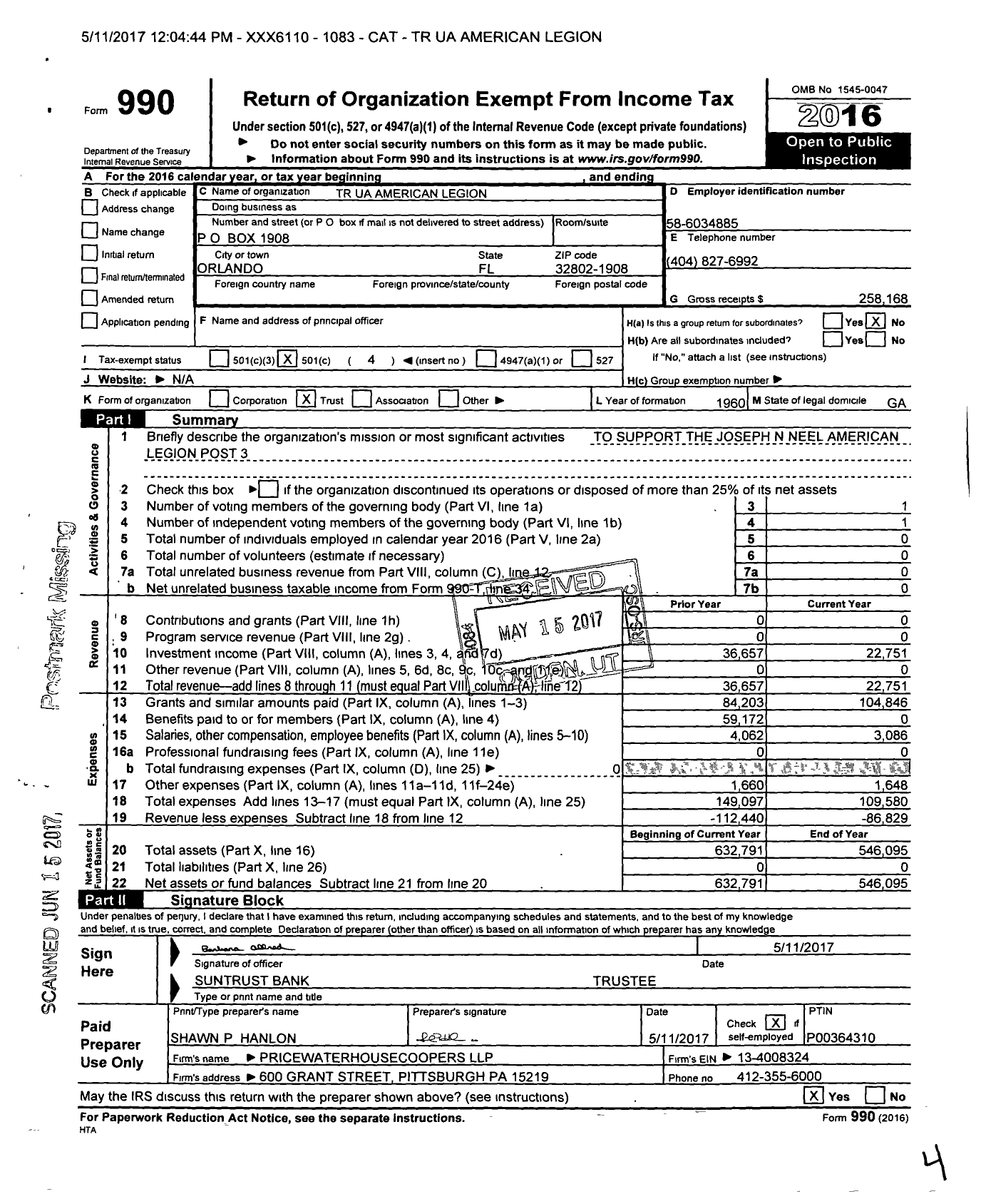 Image of first page of 2016 Form 990O for TR American Legion