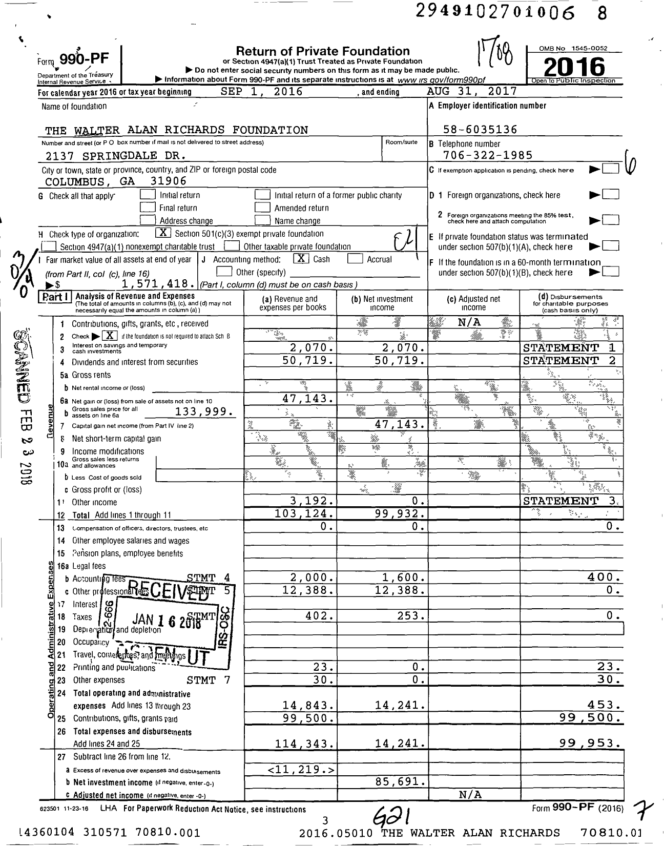 Image of first page of 2016 Form 990PF for The Walter Alan Richards Foundation