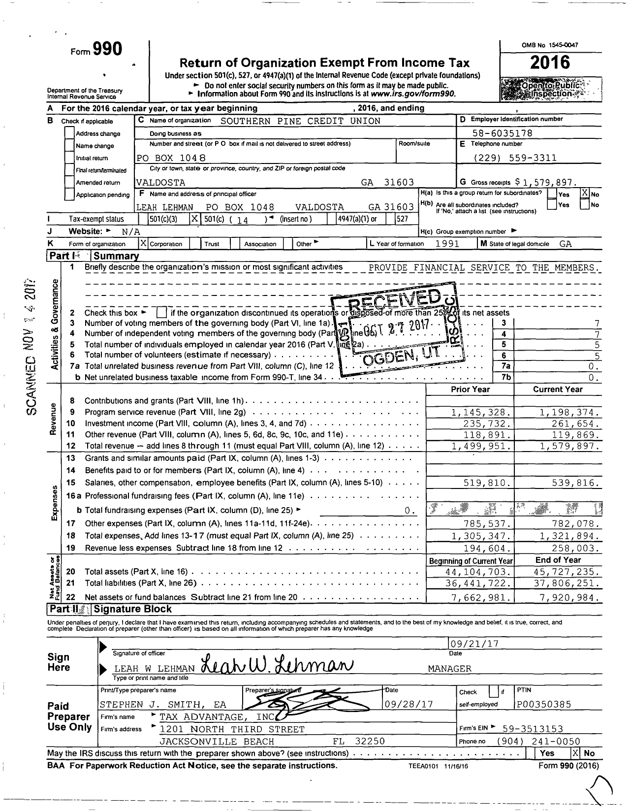 Image of first page of 2016 Form 990O for Southern Pine Credit Union